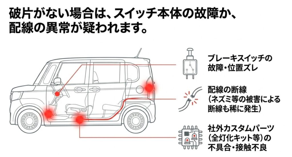 ブレーキスイッチ故障や配線断線、社外カスタムパーツなどストッパー以外の点灯しっぱなし原因