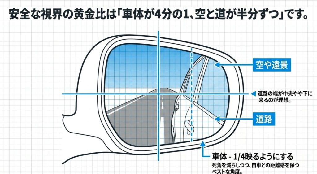 サイドミラーの安全な視界の黄金比（車体が4分の1、空と道路が半分ずつ映る状態）の図解