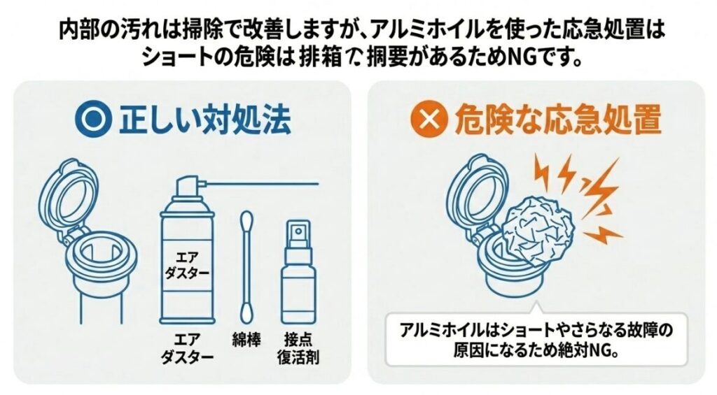 シガーソケットの接触不良に対するアルミホイルを使った応急処置の危険性と、エアダスター等を使った正しい清掃方法