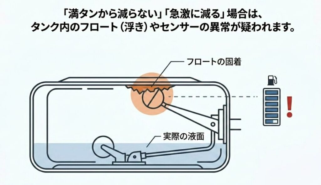 ガソリンメーターが満タンから減らない、または急激に減る原因となる、ガソリンタンク内のフロート（浮き）の固着やセンサー異常の仕組み