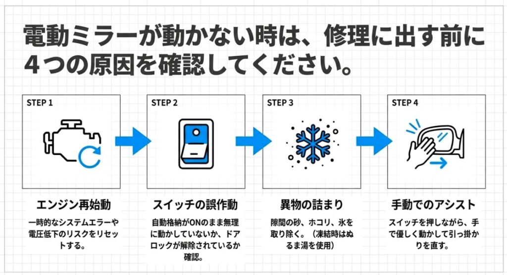 サイドミラーが動かない時に確認すべき4つの原因と対処法（エンジン再始動、スイッチ誤作動、異物詰まり、手動アシスト）