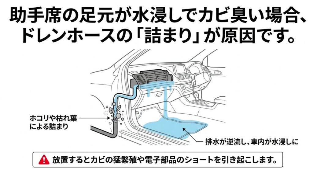 ドレンホースにホコリや枯れ葉が詰まり、エアコンの排水が逆流して助手席の足元が水浸しになりカビ臭くなる図