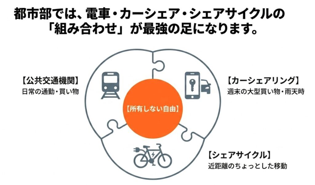 都市部では公共交通機関を中心に、週末のカーシェアリングや近距離のシェアサイクルを組み合わせることが最強の移動手段になることを示す図解
