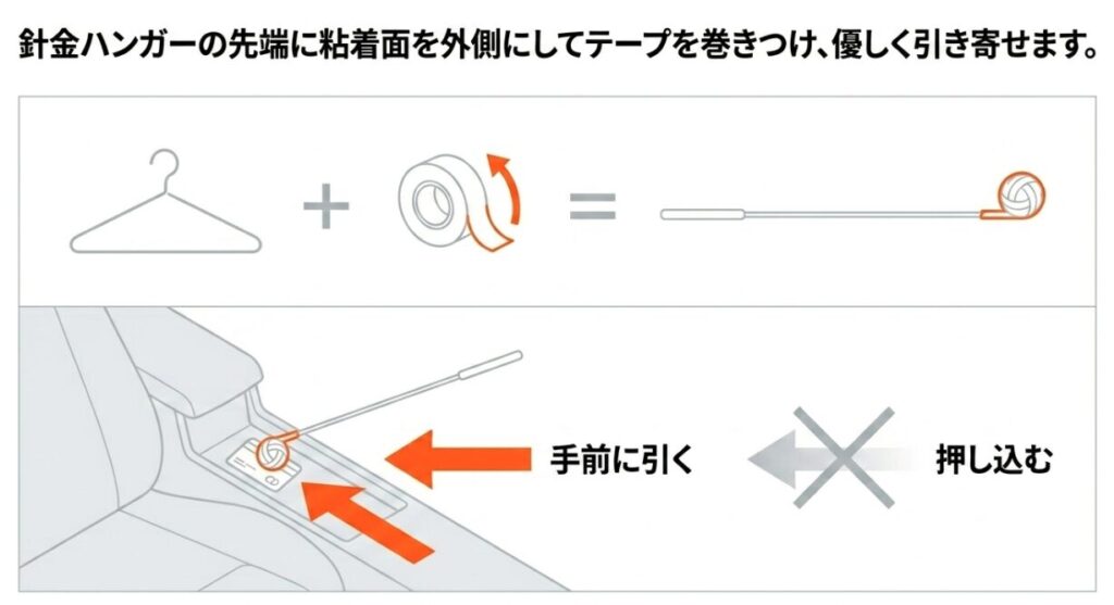 針金ハンガーの先端に粘着面を外側にしてテープを巻きつけ、手前に引いて優しく引き寄せる粘着ロッドの図解。