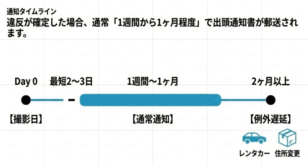 違反確定後、出頭通知が届くまでの期間は通常1週間から1ヶ月であり、レンタカーや住所変更がある場合は2ヶ月以上遅れることもあるというタイムライン。
