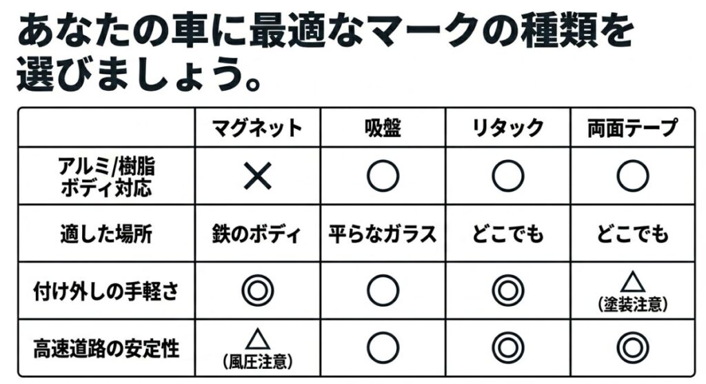 マグネット、吸盤、リタック、両面テープの4種類について、アルミや樹脂ボディへの対応、適した場所、付け外しの手軽さ、高速道路での安定性を分かりやすくまとめた比較一覧表。