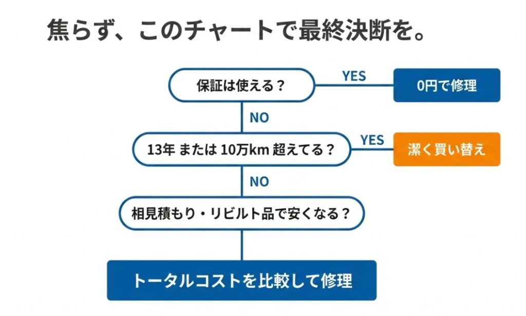 保証の有無、13年・10万km超えか、トータルコスト比較などから、修理か買い替えかを判断する最終決断フローチャート