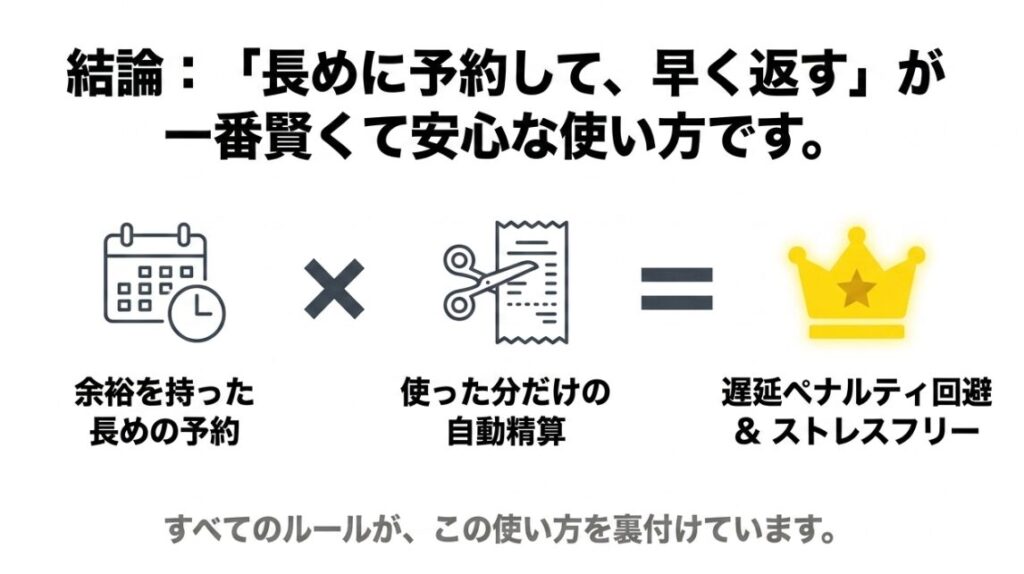 結論:「長めに予約して、早く返す」が一番賢くて安心な使い方です。使った分だけの自動精算で遅延ペナルティ回避。