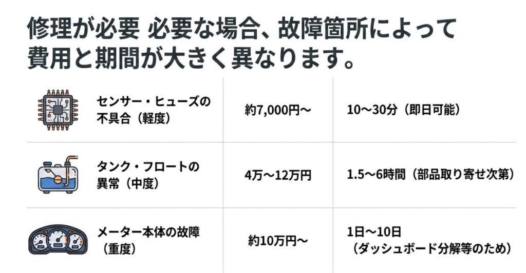 センサーやヒューズの軽度な不具合、タンクやフロートの異常、メーター本体の故障など、故障箇所ごとの修理費用相場と作業期間の目安をまとめた表