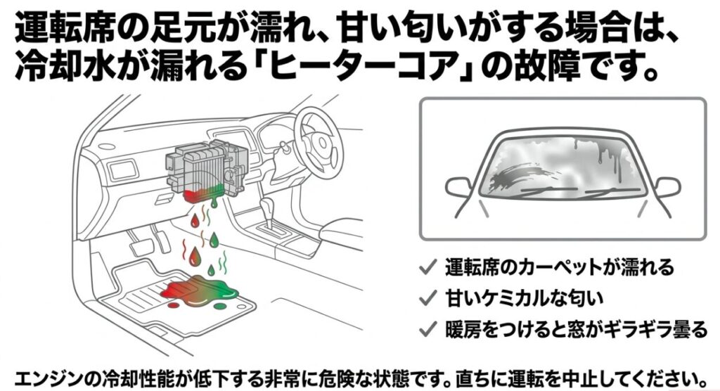 ヒーターコアの故障により運転席の足元に緑や赤の冷却水が漏れ、フロントガラスが油膜のように曇る危険な症状を示す図