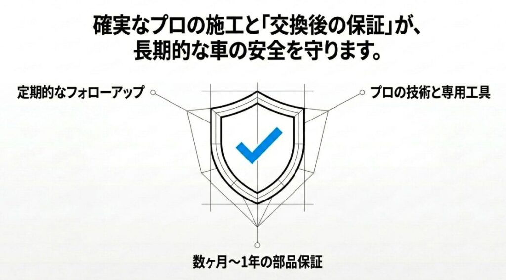 プロによる施工と交換後の保証についての説明図