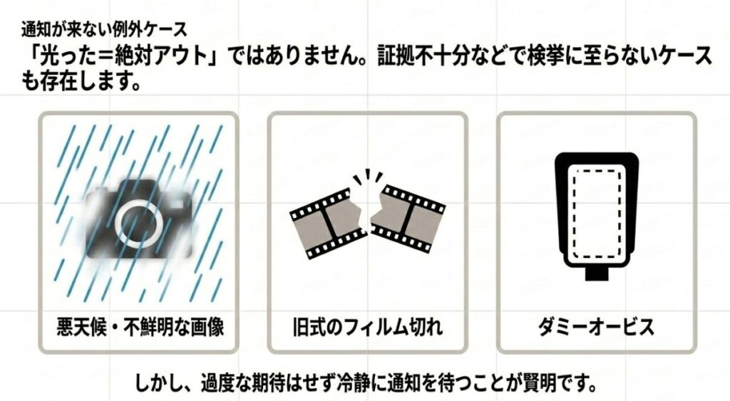 オービスが光っても絶対アウトではなく、悪天候による不鮮明な画像、旧式のフィルム切れ、ダミーオービスなどの例外ケースが存在することを示す図。