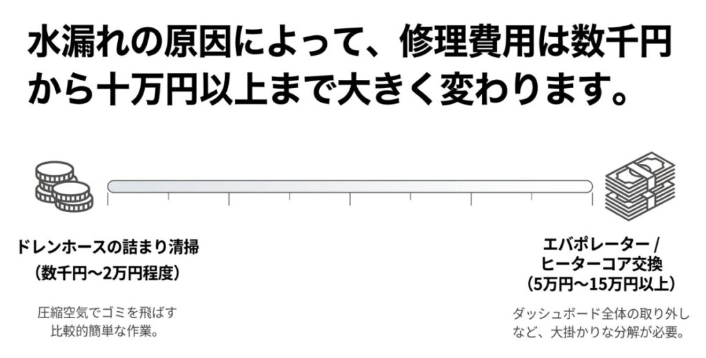ドレンホース清掃の数千円から、エバポレーター交換の十数万円以上まで、エアコン水漏れの原因別修理費用の目安を示す図