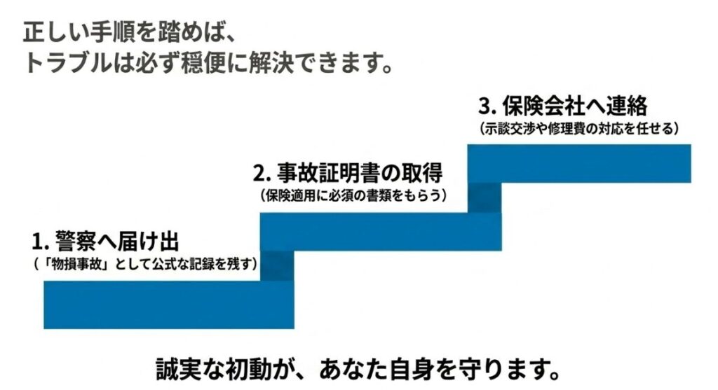 ドアパンチトラブルを穏便に解決するための警察への届け出から事故証明書の取得、保険会社への連絡までの正しい手順