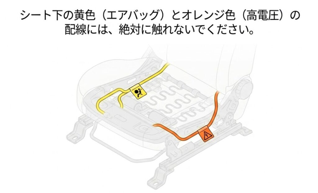 シート下の黄色(エアバッグ)とオレンジ色(高電圧)の配線には絶対に触れないでくださいという警告イラスト。