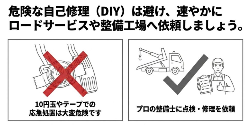 10円玉などの応急処置は避けプロの整備工場やロードサービスへ依頼する