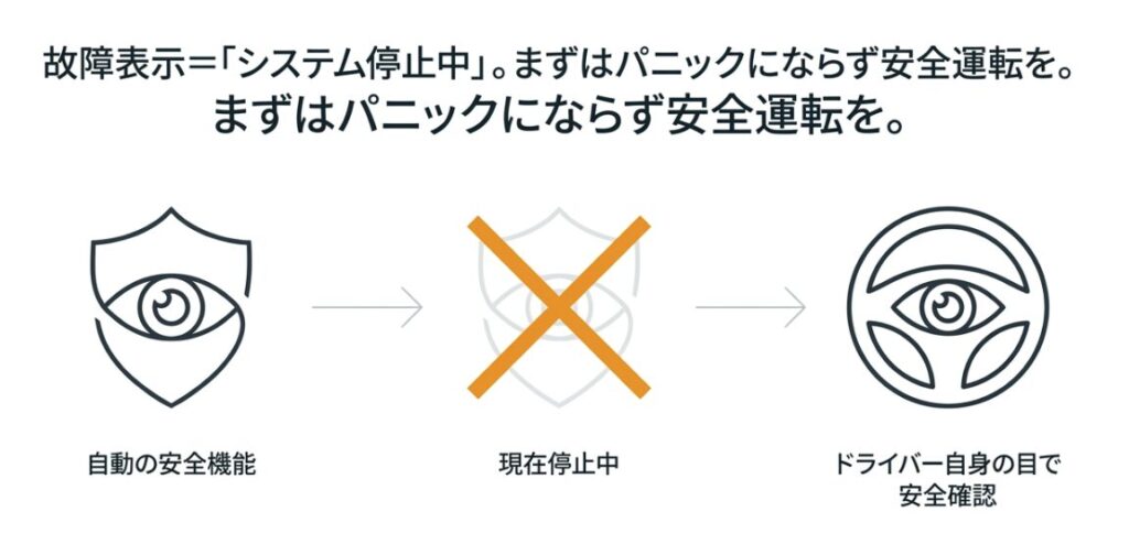 スマアシ故障表示は自動安全機能の現在停止中を意味するため、パニックにならずドライバー自身の目で安全確認を促す図解
