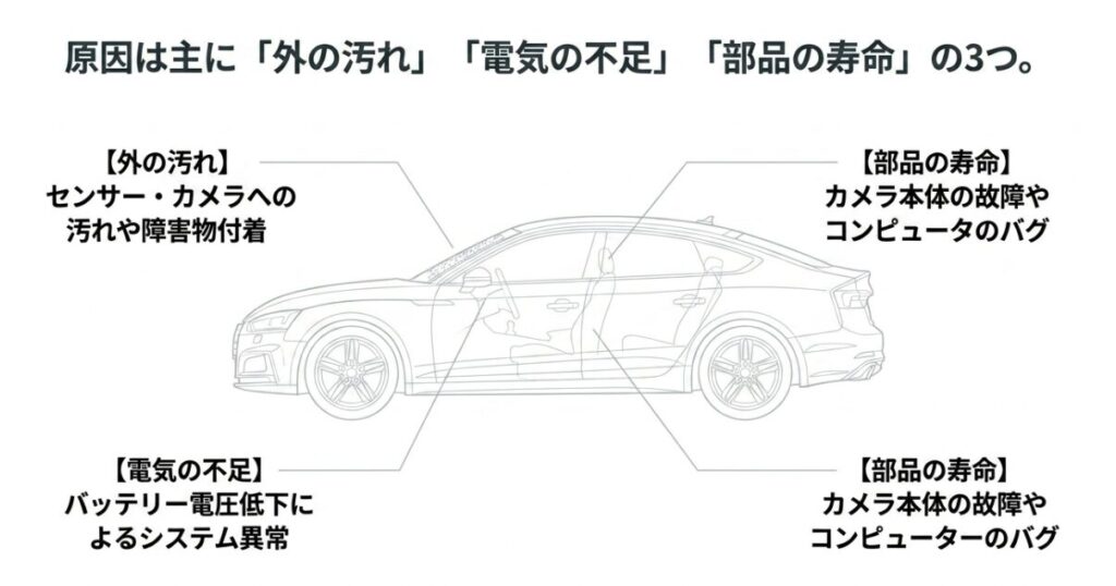 スマートアシスト故障の主な原因である「外の汚れ」「電気の不足」「部品の寿命」を示した車両の図解