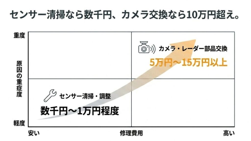 スマアシ修理費用の目安(軽度なセンサー清掃は数千円から1万円程度、重度なカメラ・レーダー部品交換は5万円から15万円以上)を示すグラフ