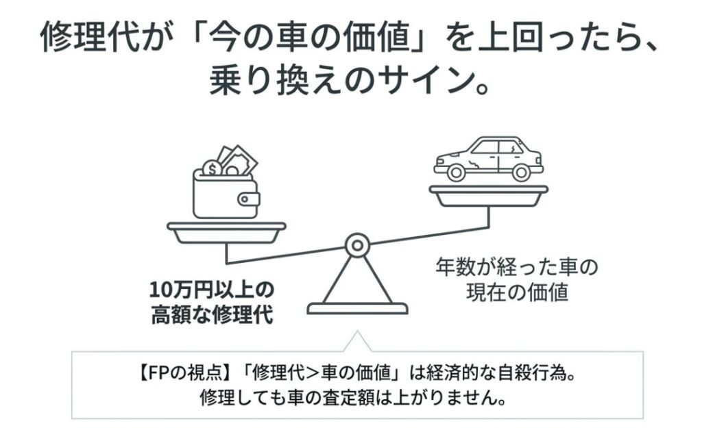 10万円以上の高額な修理代と現在の車の価値を天秤にかけ、修理代が上回る場合は経済的な自殺行為であり乗り換えのサインとするFPの視点