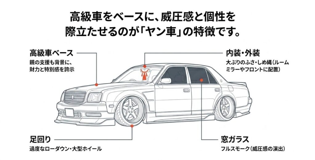 高級車ベースやローダウン、大型ホイール、ふさ、スモークガラスなどヤン車の特徴