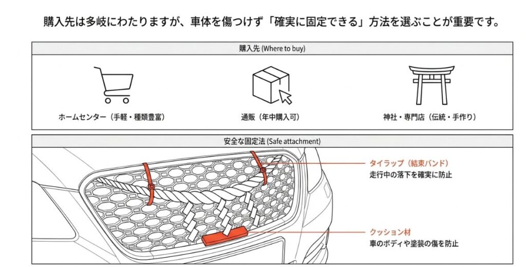車用しめ縄の購入先とフロントグリルへタイラップで固定する方法
