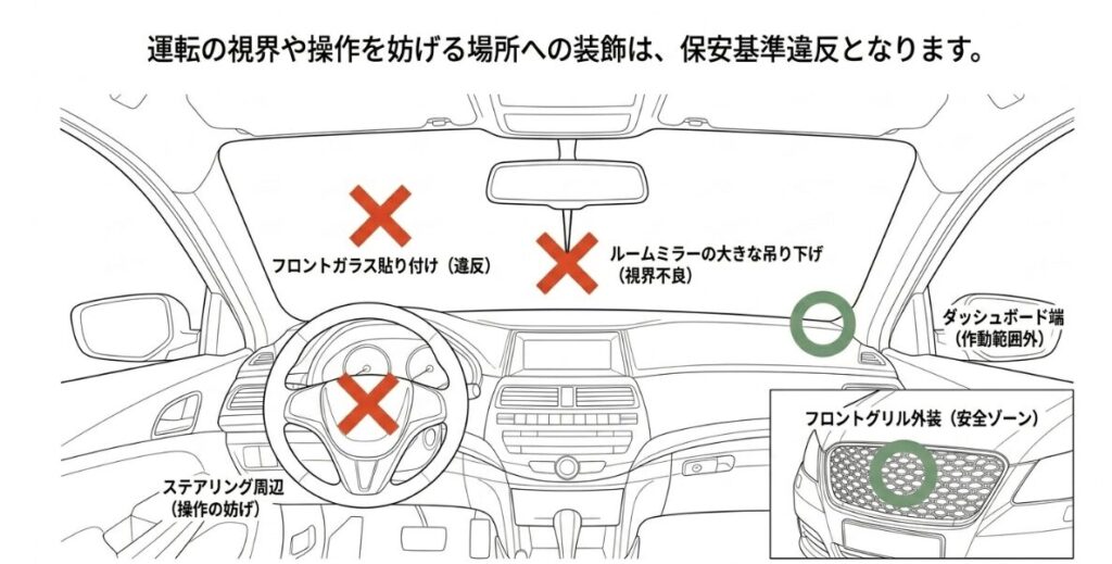 フロントガラスやルームミラー周辺を避け視界と操作を妨げない設置場所を示した図