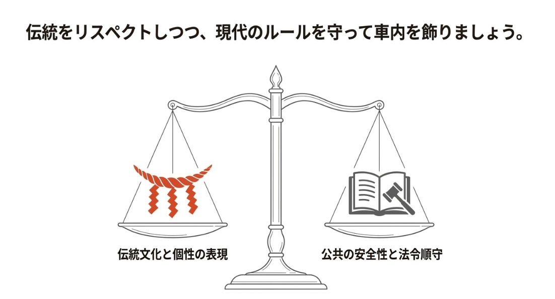 車のしめ縄文化と公共の安全やルール順守の両立を表す天秤の図