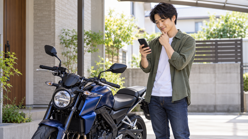 自宅で250ccクラスのバイク横に立ち、スマートフォンで車検義務化の情報を確認する男性