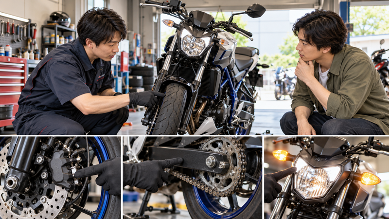 整備工場で250ccクラスのバイクのタイヤやブレーキ、チェーンを点検する整備士