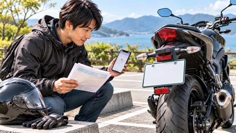 バイクの自賠責保険書類と更新時期をスマートフォンで確認する男性ライダー