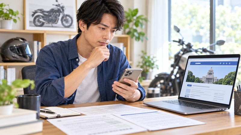 スマートフォンの情報と公的な資料を見比べて250ccの車検義務化について確認する男性