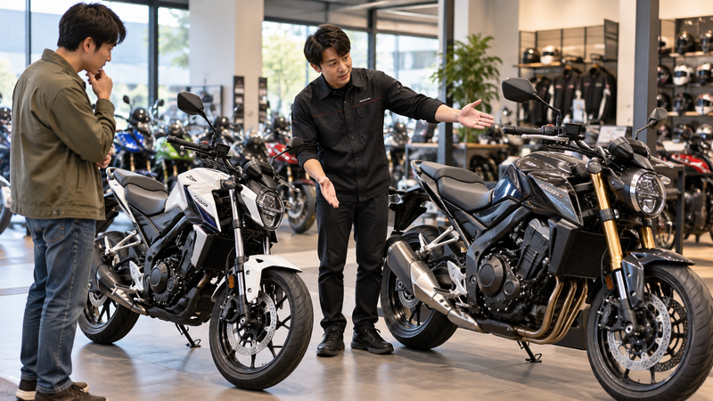 バイク販売店で250ccクラスと排気量の大きいバイクの違いについて説明を受ける男性