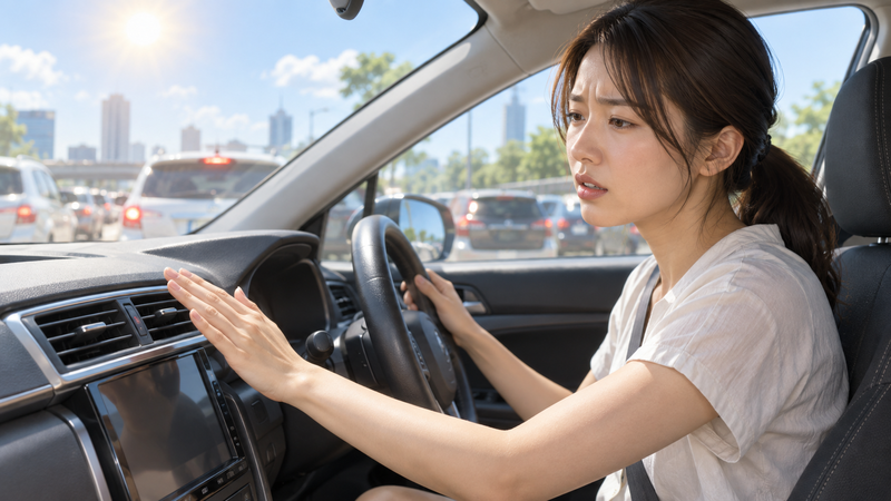 渋滞中の車内でエアコンの冷えが弱くなったことを確認する女性ドライバー