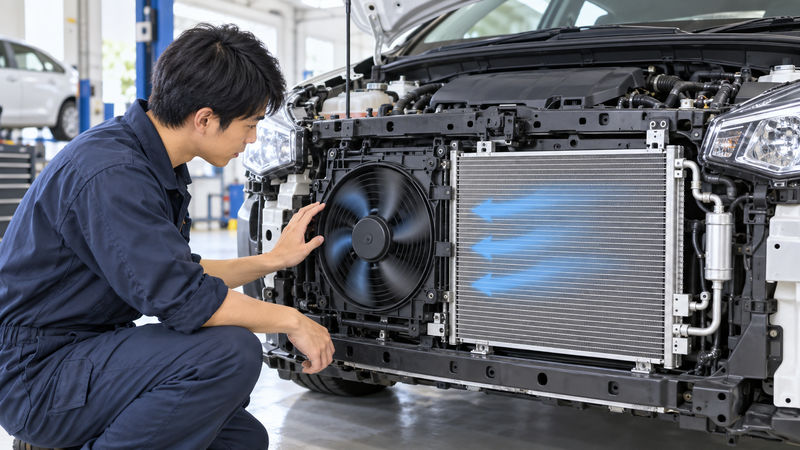 車のフロント側でコンデンサーと冷却ファンの作動を確認する整備士
