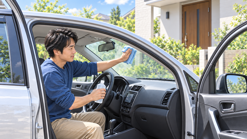車のドアを開けて換気しながらアルコールを使って内窓を拭く男性