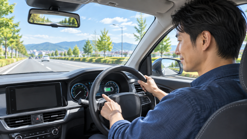 一定速度で道路を走行しながら車のバッテリーを充電する男性ドライバー