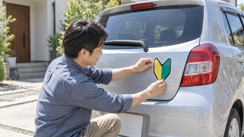 車の後部の見やすい位置に初心者マークを取り付ける男性