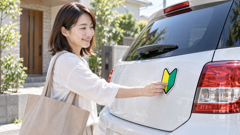 運転前に車のリアハッチへ初心者マークのマグネットを取り付ける女性