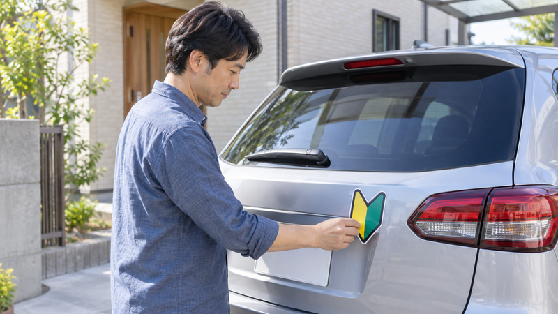 免許取得から1年以上経過したペーパードライバーが車に初心者マークを取り付ける様子