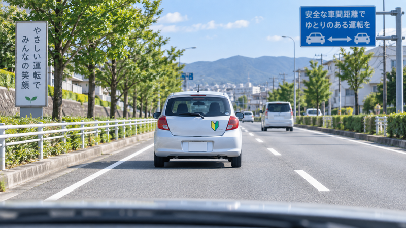 初心者マークを付けた車に対して後続車が十分な車間距離を取って走る様子