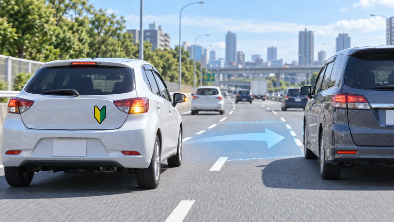 初心者マークを付けた車の車線変更時に周囲の車が間隔を空ける様子