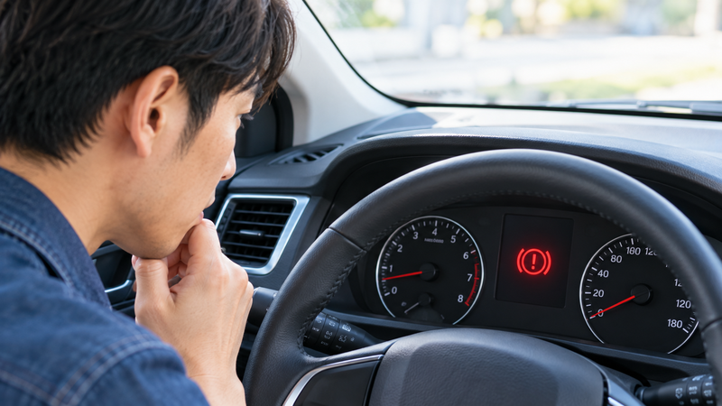 エンジン停止後も車後部のブレーキランプが点灯していることを確認する男性