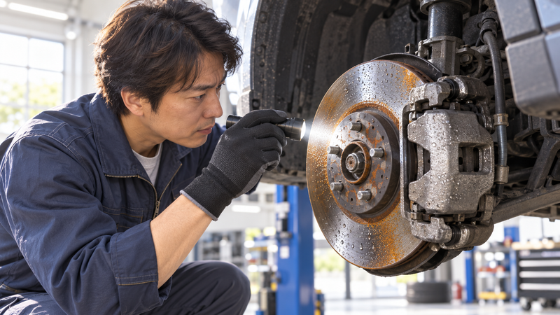 整備士が水分と薄い錆が付着したブレーキローターをライトで点検している様子