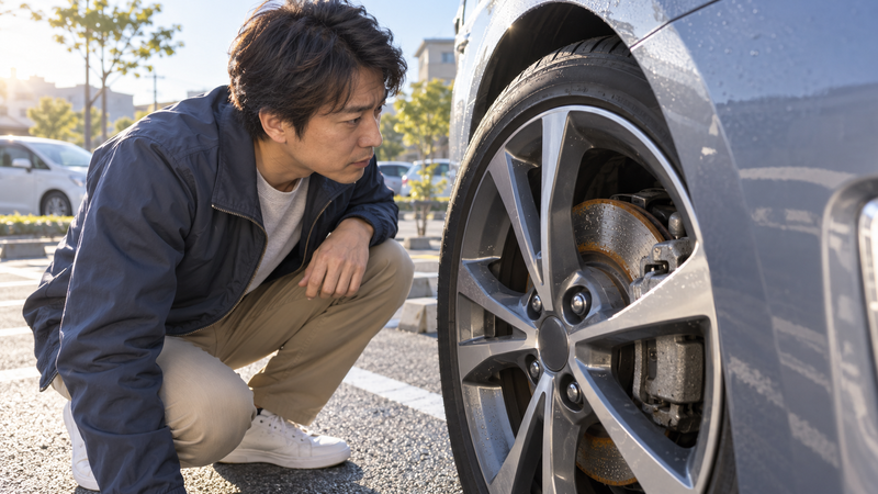 朝の駐車場でブレーキ鳴きが気になりホイール周辺を確認する男性