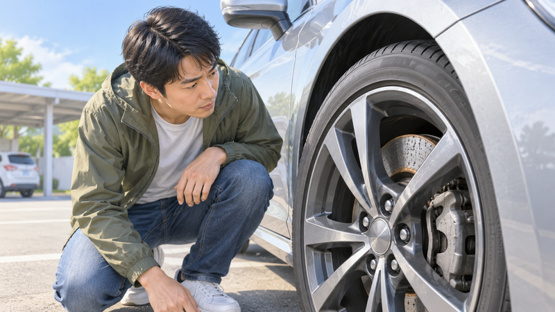 走り始めのブレーキ鳴きが気になり車のホイール周辺を確認する男性