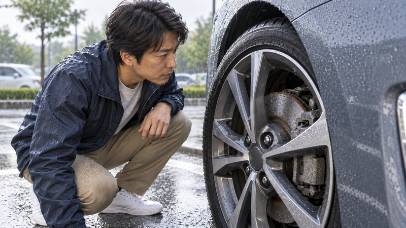 雨の日に濡れた車のホイールとブレーキ周辺を確認する男性