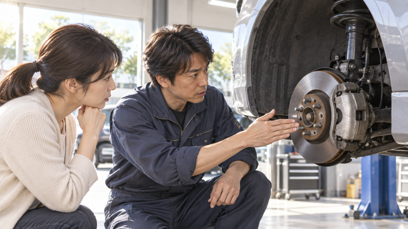 整備工場で整備士がブレーキ周辺を示しながら異音の原因を説明する様子