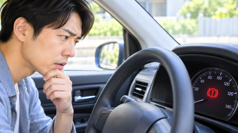メーター内のブレーキ警告灯と車外のブレーキランプの違いを確認する男性