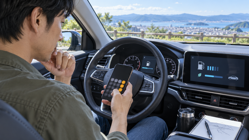 スマホの電卓を使って燃料残量と燃費から残りの走行可能距離を計算する男性